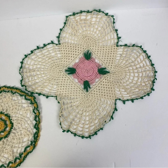 Vintage Lace Crochet Doily Cream Tan Bundle of Two Yellow Green Pink Floral - Picture 6 of 11